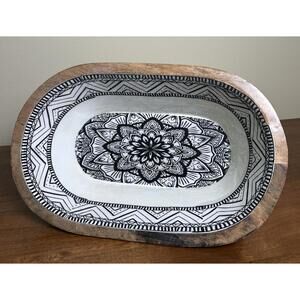 Oval Patterned Black and White Enamel Mango Wood Bowl